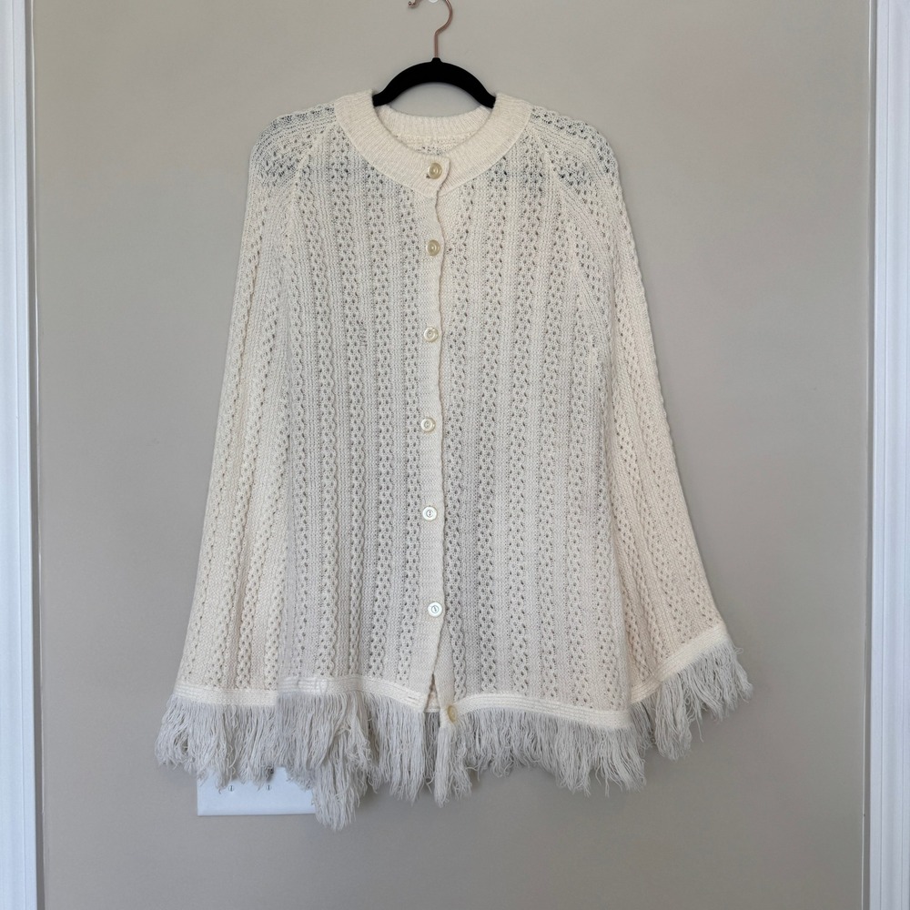 Vintage Cream Open Knit Fringed Poncho Cardigan Button Front Ivory One Size